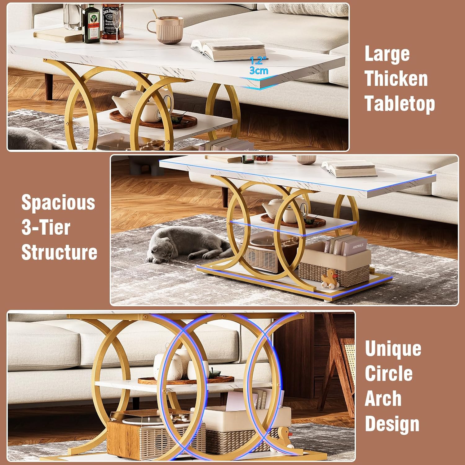 GiftGo Rustic Style Coffee Table Storage Industrial Style Three Tier Centerpiece Living Room Table wourant