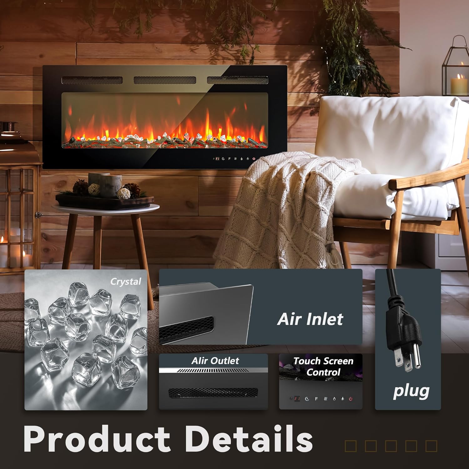EUHOMY 50 Inch Electric Fireplace Wall Recessed and Wall Mounted with Adjustable Flame Color, Fireplace Heater with Remote Control, Linear Fireplace with Timer, Touch Screen, Log & Crystal, 750/1500W wourant