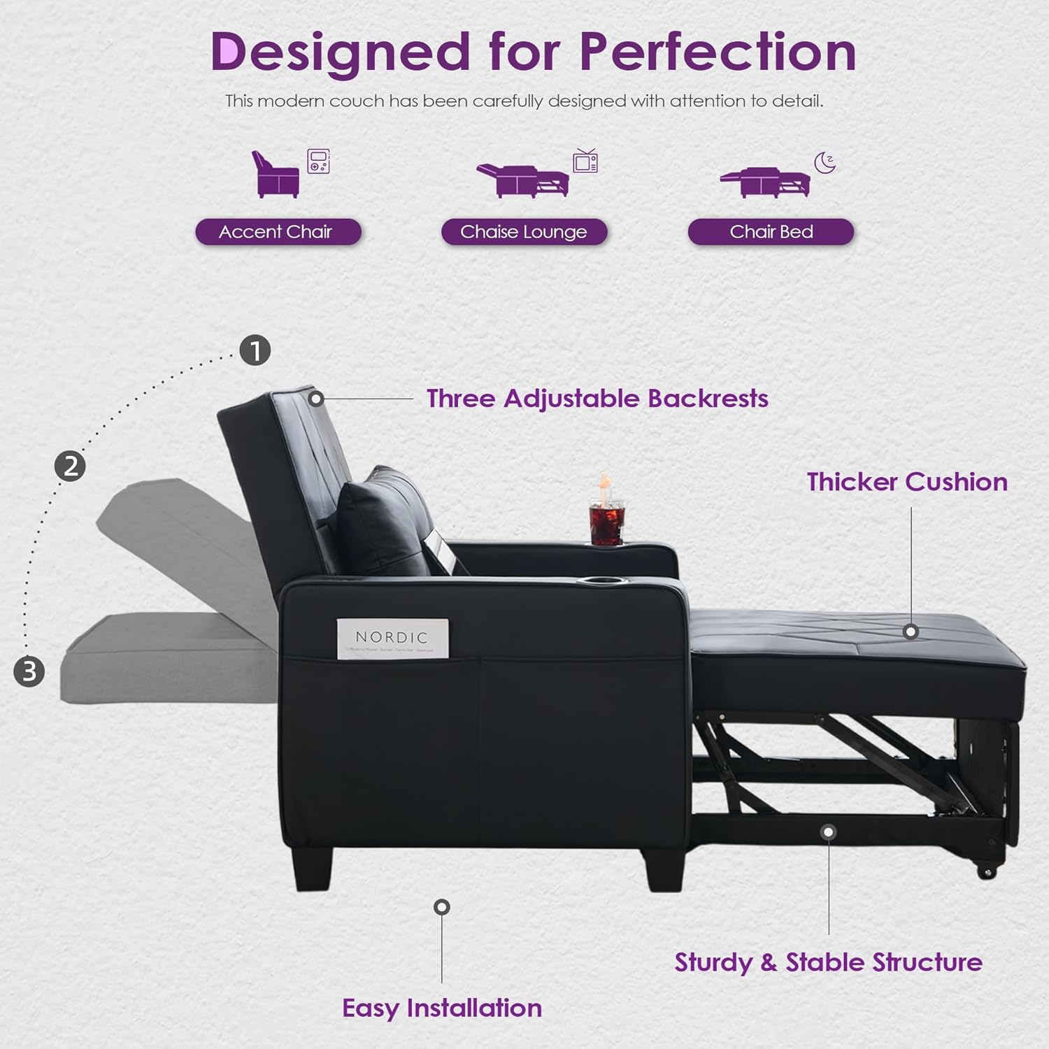 Adult Convertible Sleeper Chair Bed, 3-in-1 Pull-Out Sofa Bed with USB/Type-C Ports, Cup Holders, Side Pockets, Single Sofa wourant