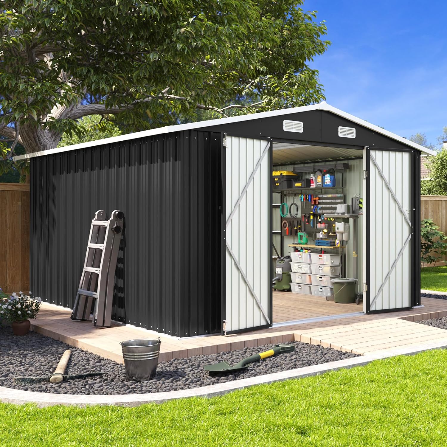 Aoxun 10 x 12 ft Outdoor Storage Shed with Double Hinged Door Utility Garden Shed wourant
