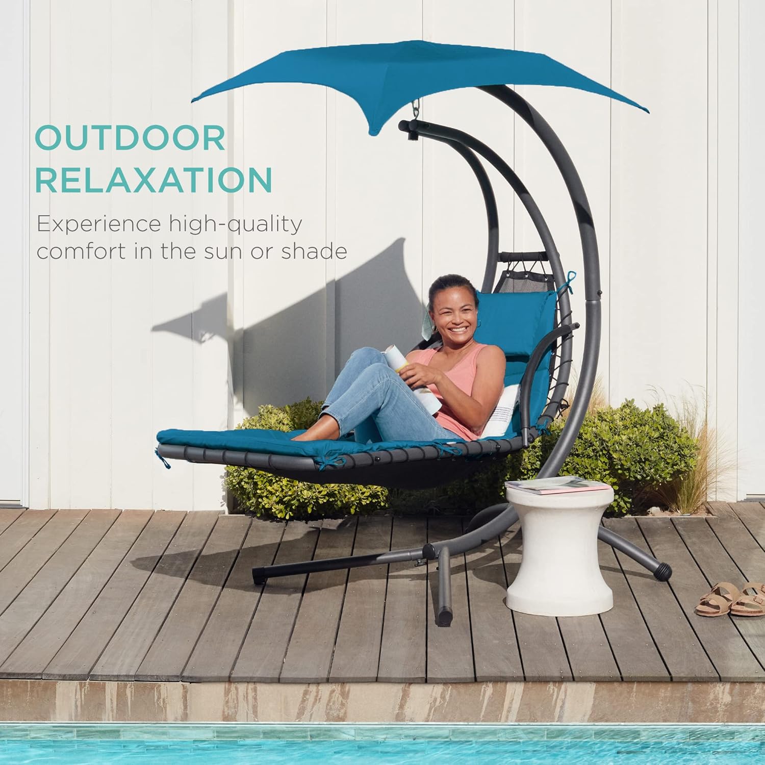 Best Choice Products Outdoor Hanging Curved Steel Chaise Lounge Chair Swing w/Built-in Pillow and Removable Canopy - Teal wourant
