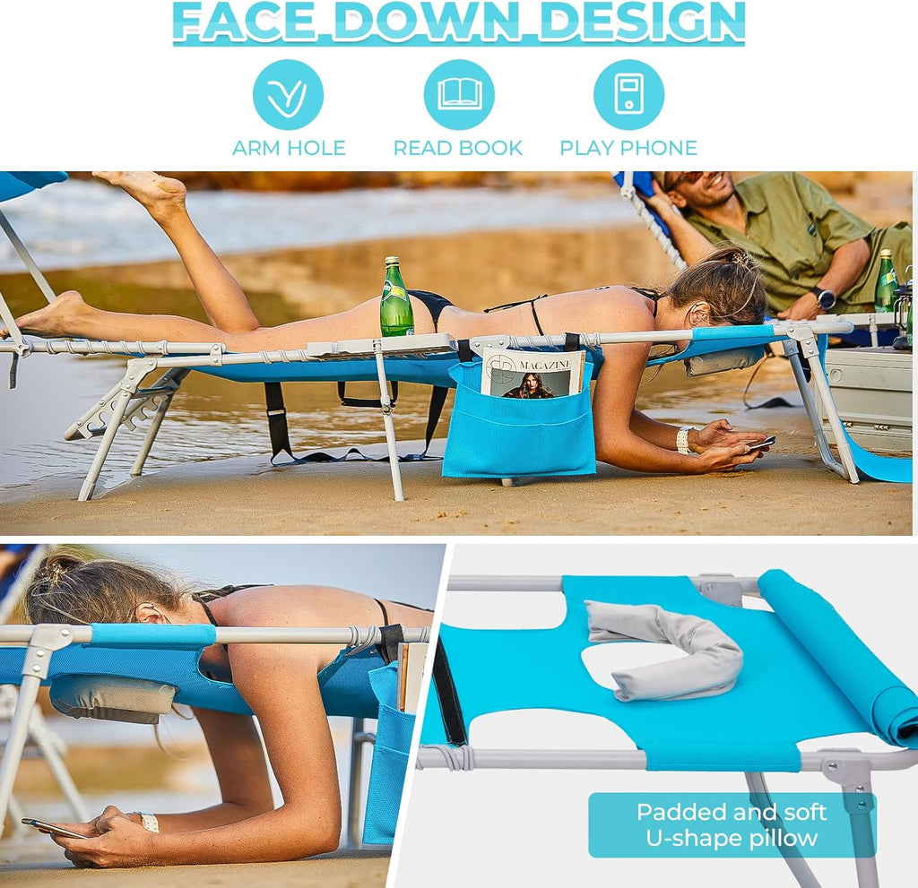 2 Pack Outdoor Chaise Lounge Chair - Portable Folding Patio Pool Lounge Chair, 5 Positions Adjustable Reclining Camping Chair with Side Table,Shoulder Strap, Pillow for Beach Sunbathing Lawn wourant
