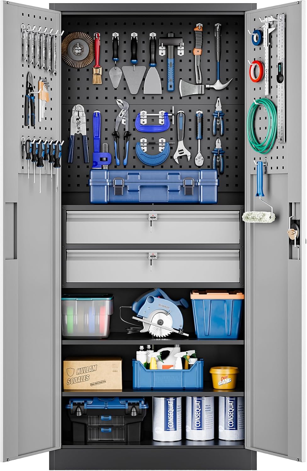 Yizosh Metal Garage Storage Cabinet with Locking Doors and 2 Drawers, Heavy Duty Steel Tool Cabinet with Pegboard, 71" - Lockable Cabinets for Garage, Warehouse, Basement (Black) wourant