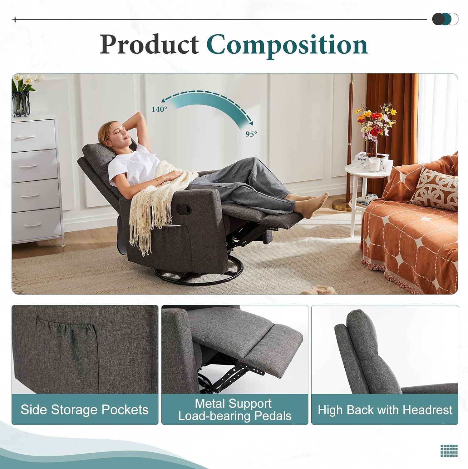 DUMOS Recliner Chair for Adults, Massage Reclining Chair for Living Room, Adjustable Home Theater Seating Single Sofa with Padded Seat Backrest and Footrest, Linen, Grey wourant