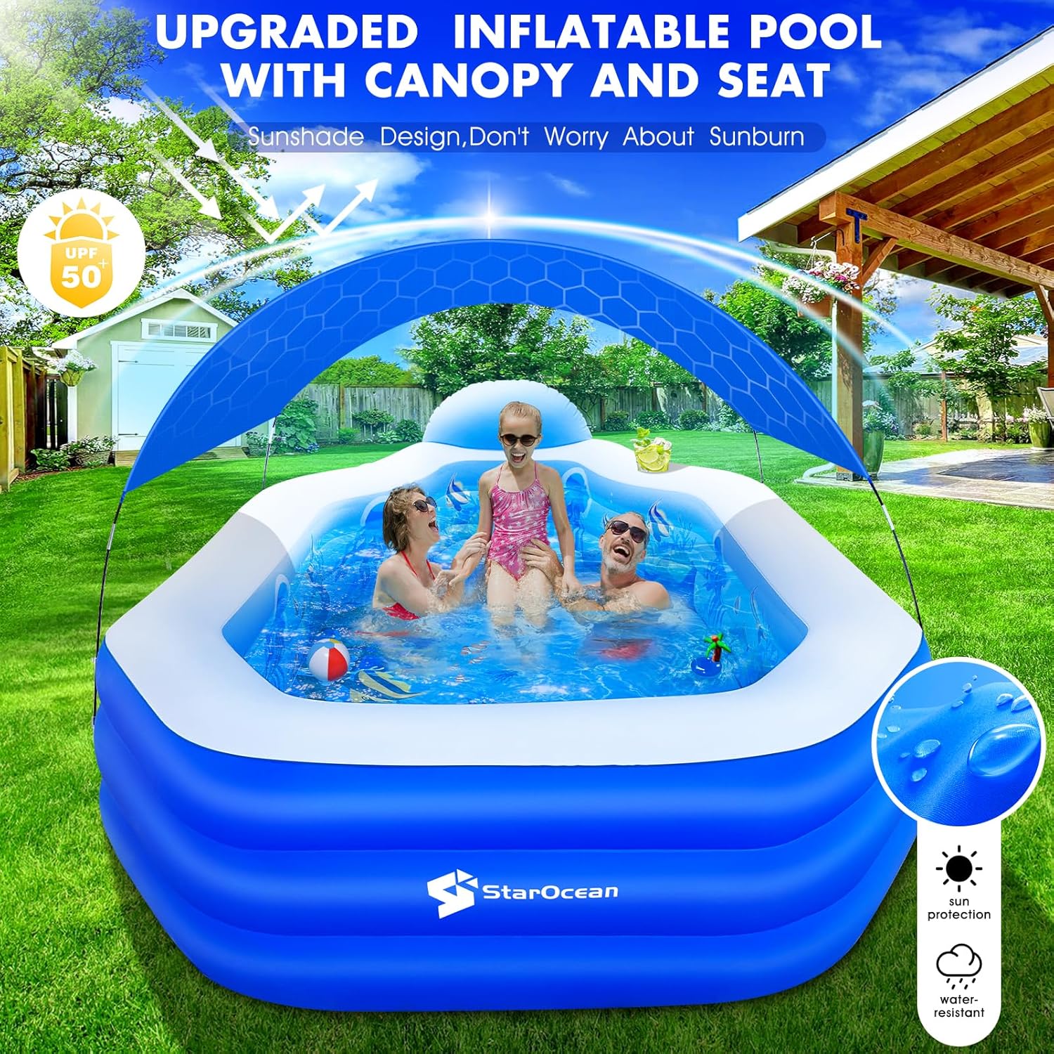 Inflatable Pool with Canopy, Large Inflatable Swimming Pool for Kids,Adult, Blow Up Pools with Seats,Backrest.Durable Thickened Inflatable Family Pools for Backyard,118"x75"x22"-Dark Blue woonhhop