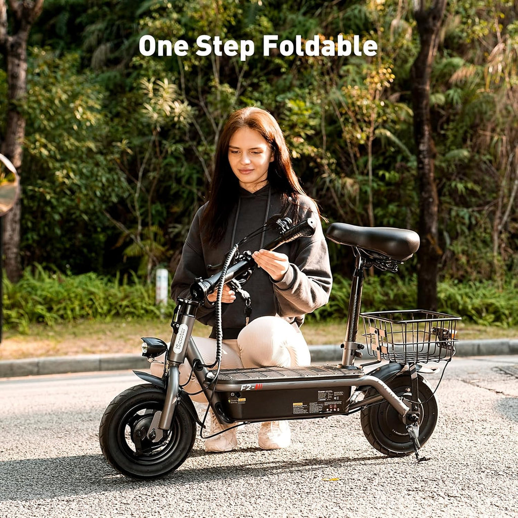 iScooter electric scooter with seat, 37/21 mile range, 28/19/15.6 mph top speed, dual suspension scooter with basket wourant