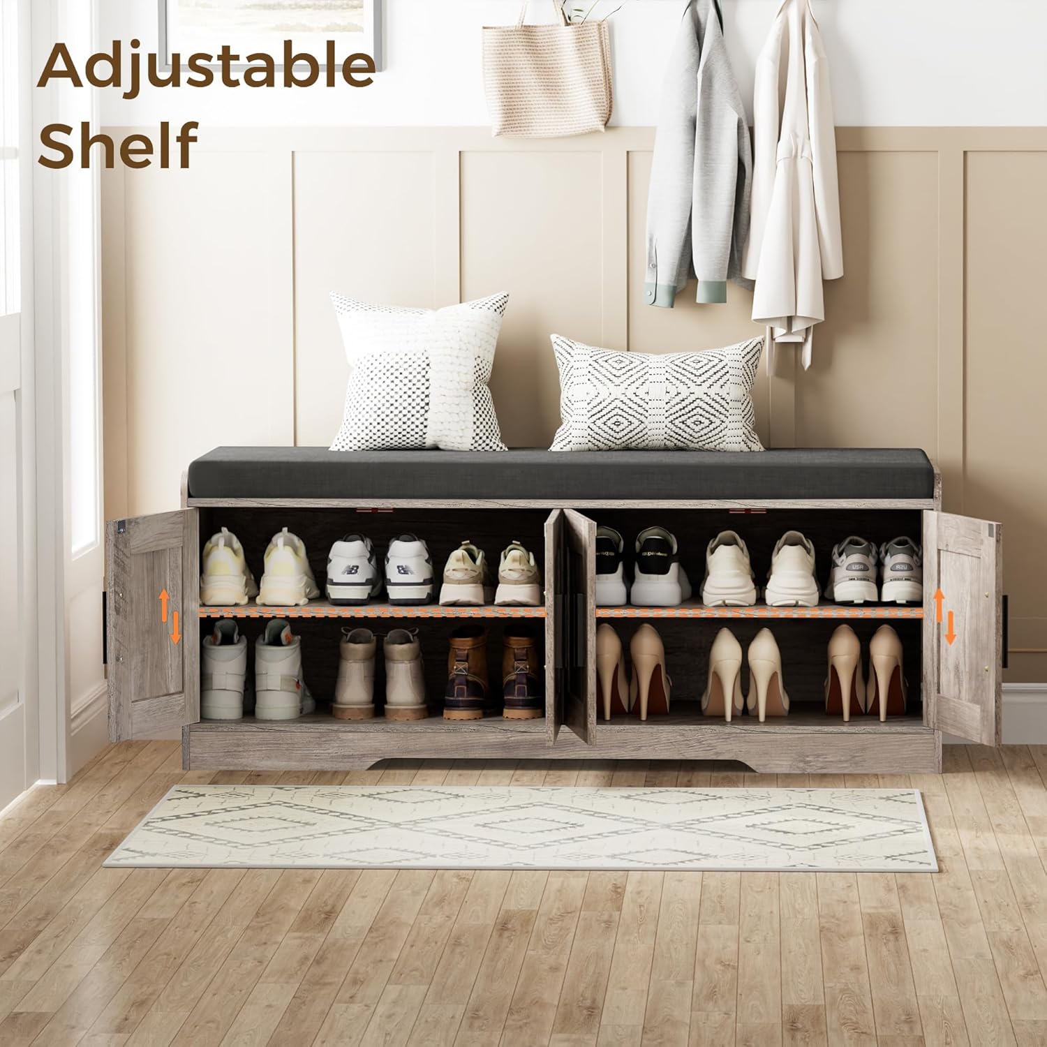 2-Tier Storage Bench, Shoe Bench with Thickened Padded Seat Cushion, Entryway Bench with 4 Doors, Adjustable Shelf wourant