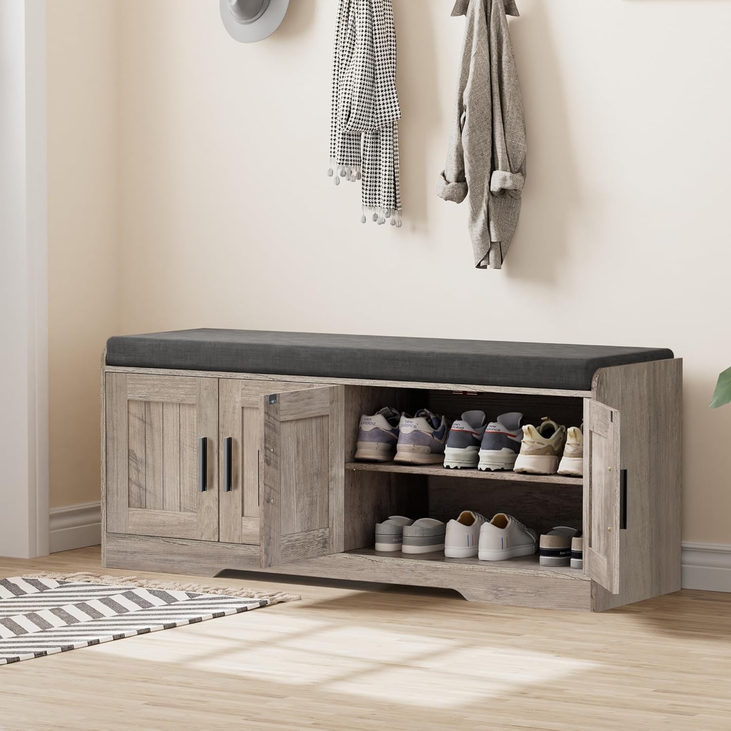 2-Tier Storage Bench, Shoe Bench with Thickened Padded Seat Cushion, Entryway Bench with 4 Doors, Adjustable Shelf, 13.8" D x 45.3" W x 18.5" H, for Entryway, Living Room, Bedroom, White wourant