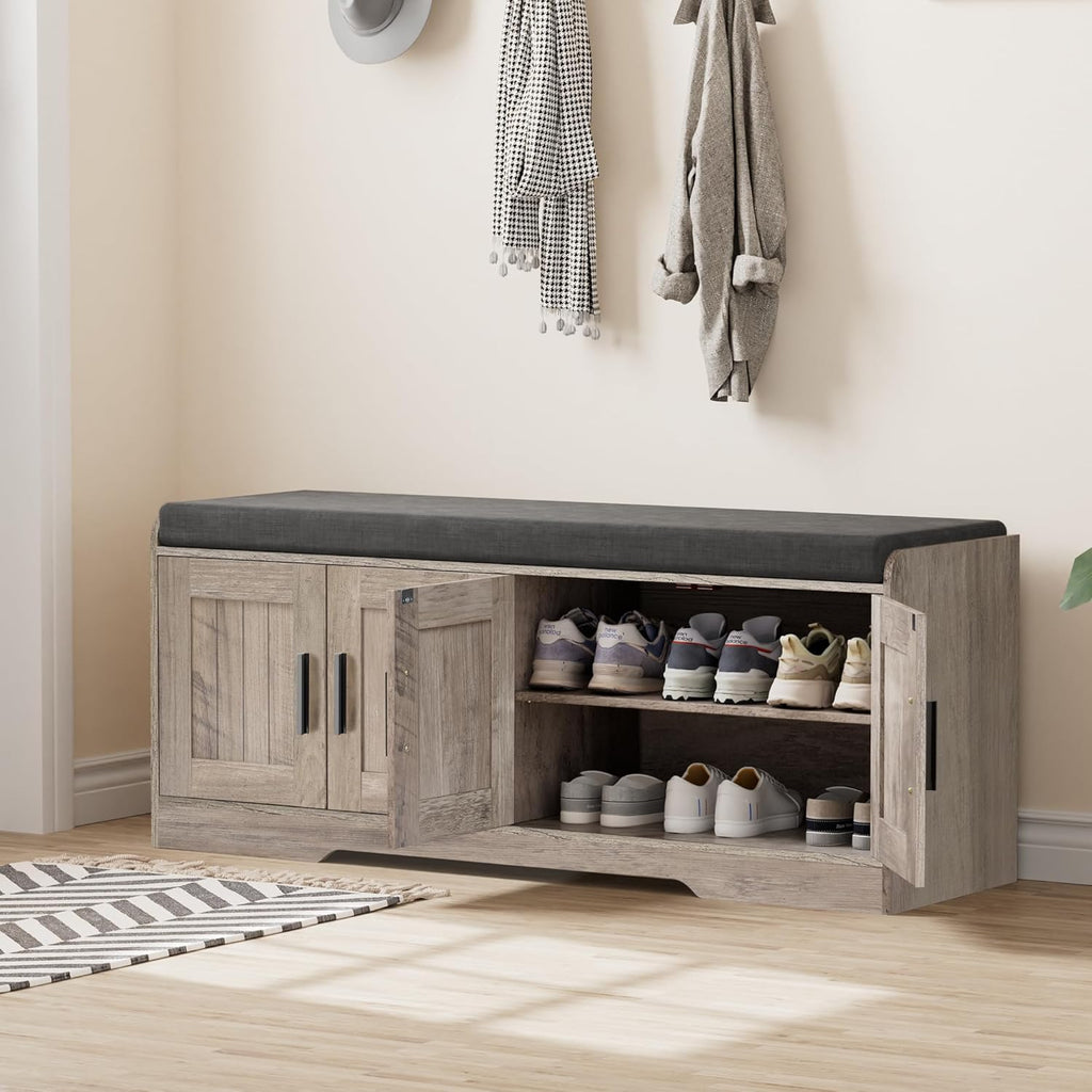2-Tier Storage Bench, Shoe Bench with Thickened Padded Seat Cushion, Entryway Bench with 4 Doors, Adjustable Shelf wourant