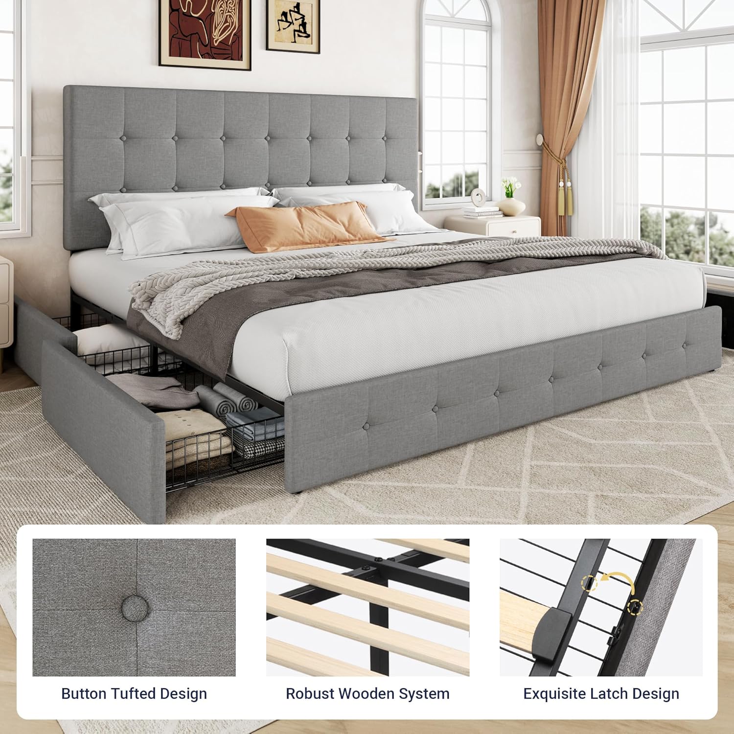 Allewie Upholstered Queen Size Platform Bed Frame with 4 Storage Drawers and Headboard wourant