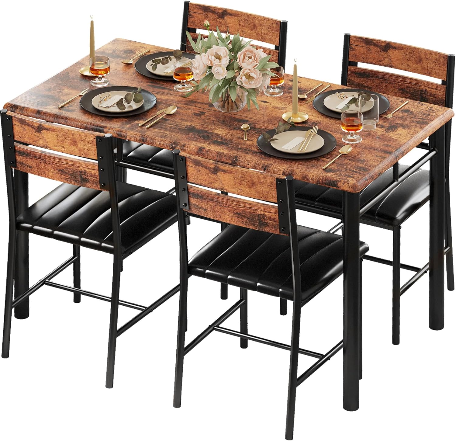 IRONCK Dining Table Set for 4 Wood Kitchen Table with Upholstered Chairs for Kitchen Room wourant