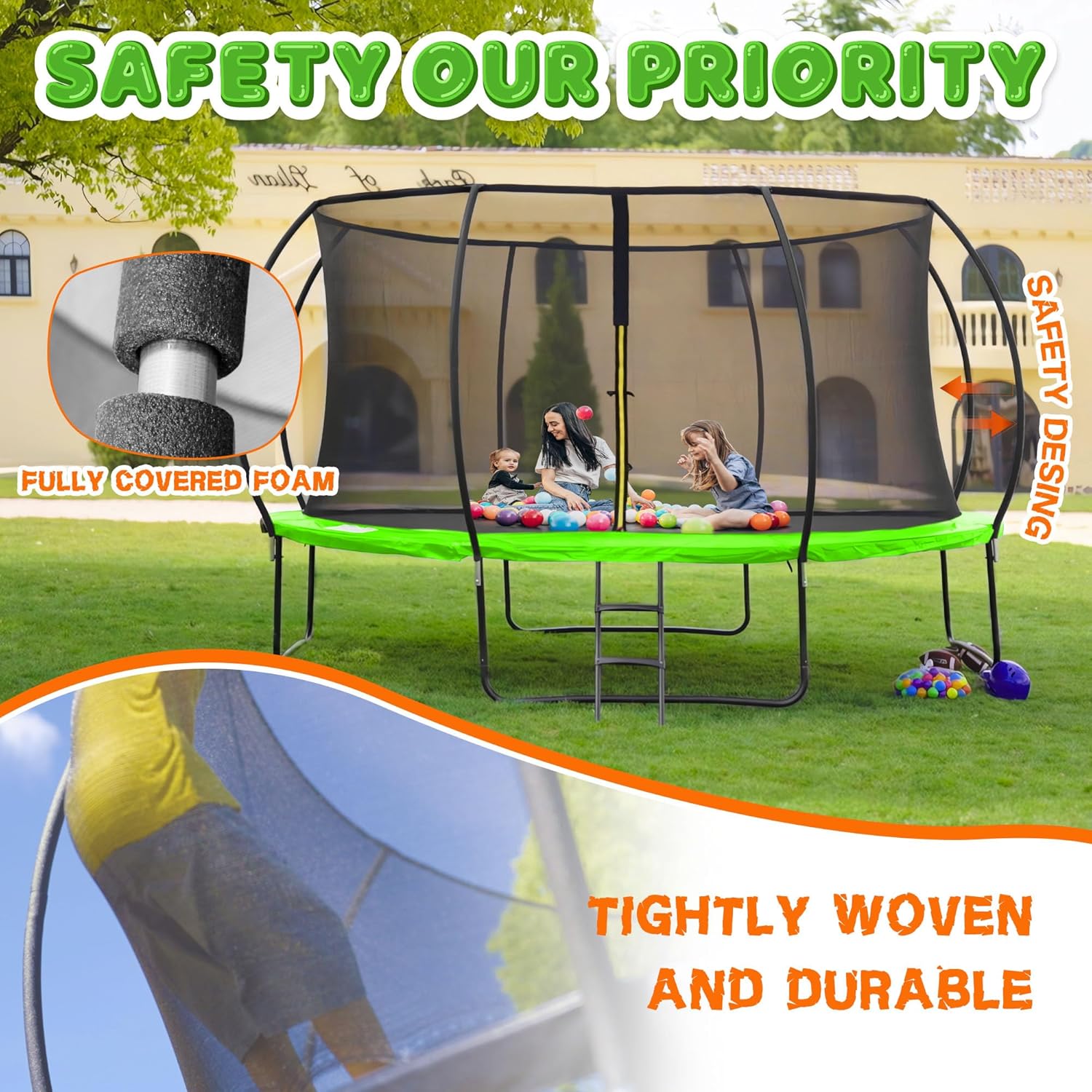 Trampoline 8FT 10FT 12FT 14FT 16FT, Recreational Trampolines with Enclosure Net and Ladder, Outdoor Anti-Rust Trampolines for Kids and Adults, ASTM Approved wourant