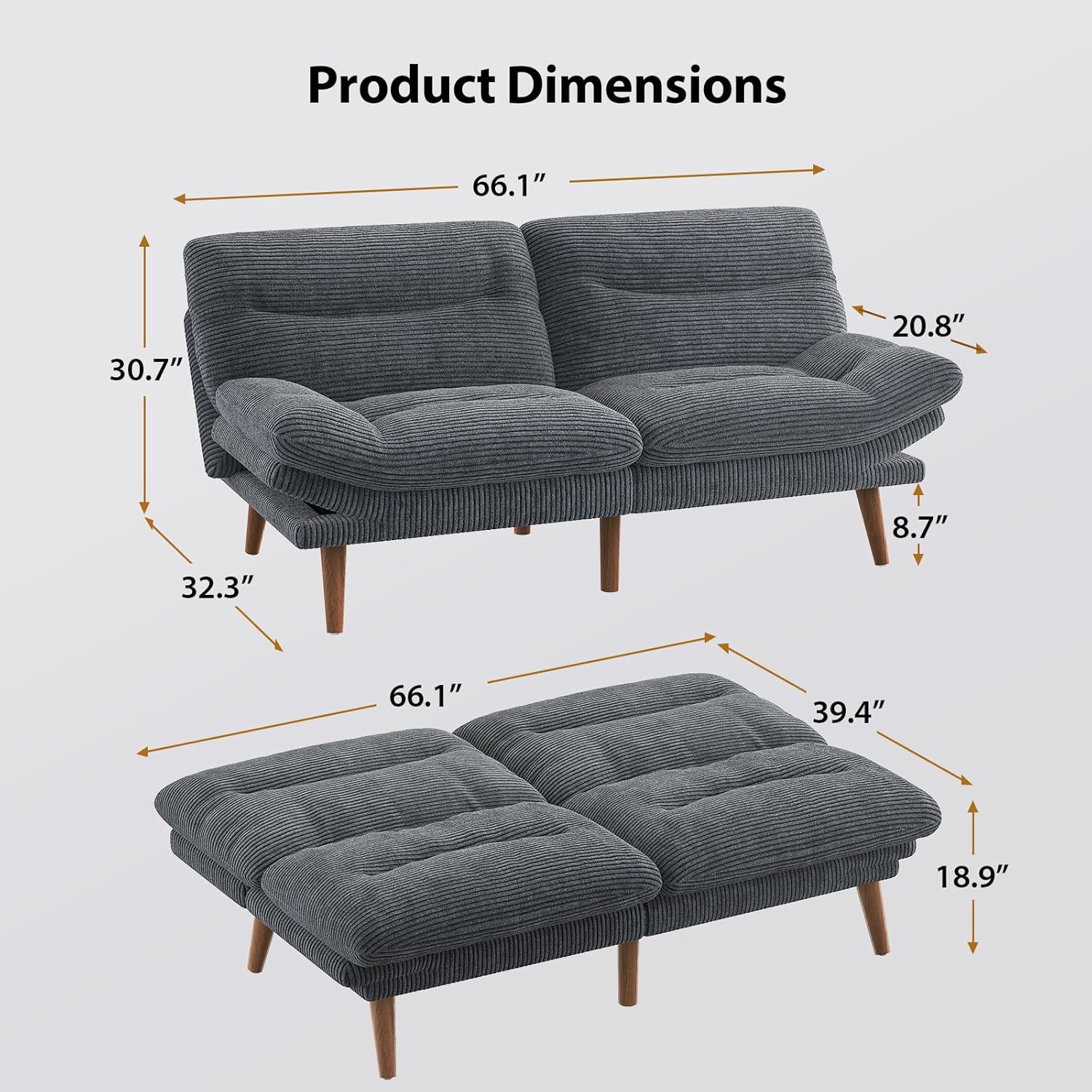 Convertible Futon Sofa Bed, 66 Inch Corduroy Futon Sofa Recliner Sofa Bed for Small Spaces, Playrooms or Offices wourant