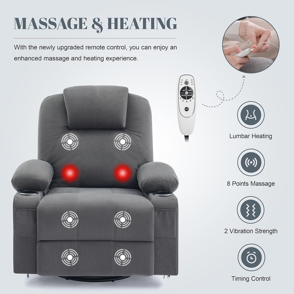 Large Swivel Rocking Recliner with Heating and Massage Function, 360 Degree Swivel Rocking Single Sofa wourant