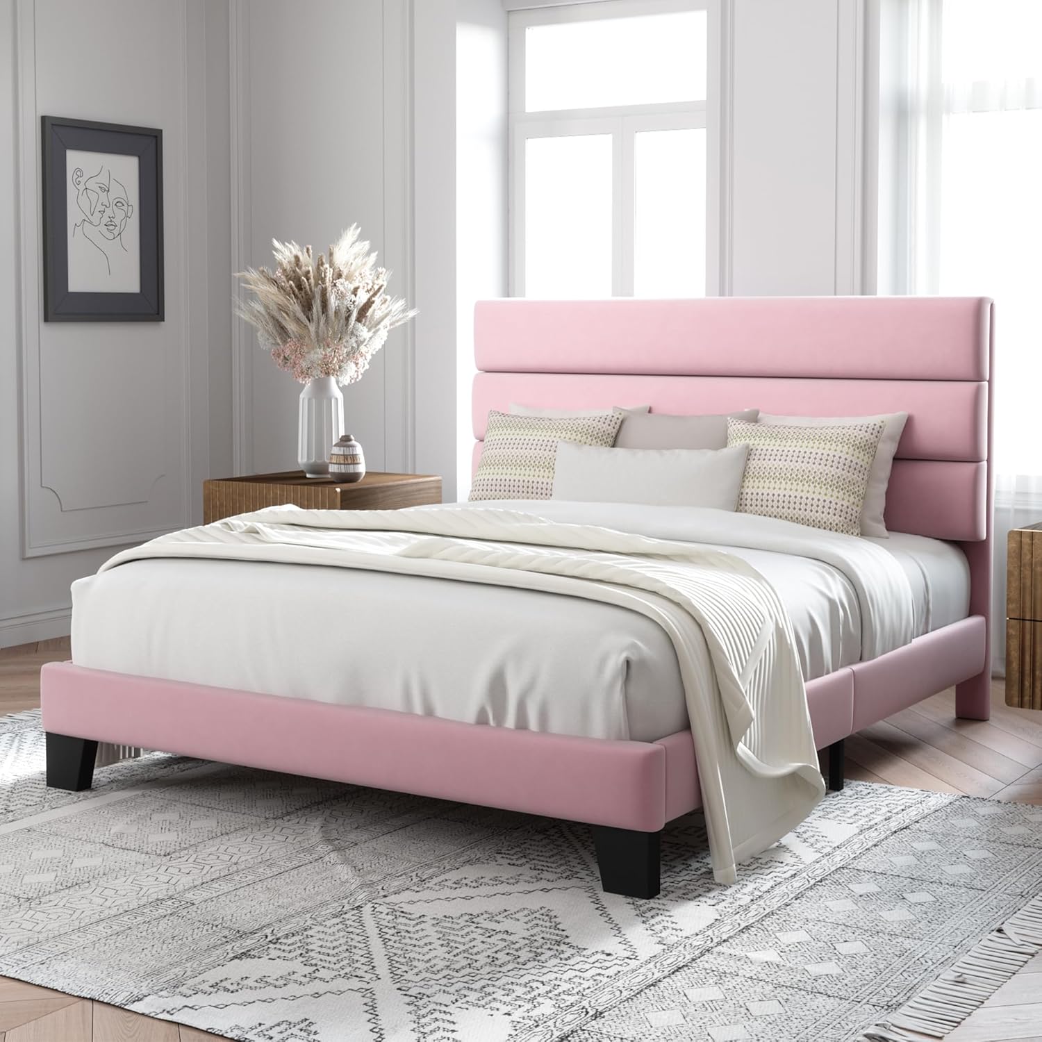 Allewie Queen Size Platform Bed Frame Fabric Upholstered Headboard Wooden Slats Support wourant