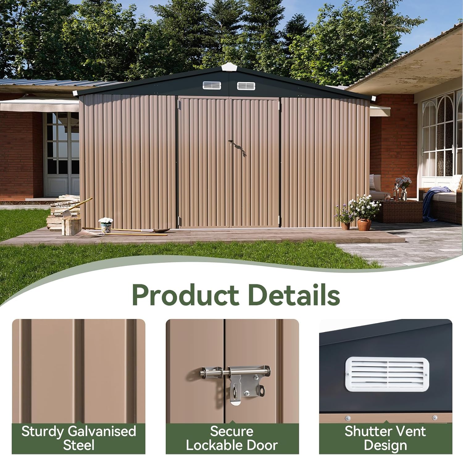 Aoxun 12x10 FT Shed Metal Outdoor Waterproof Storage Shed Steel Utility Garden Tool Shed with Door & Lock Outdoor Storage for Garden Patio Lawn Poolside, Brown wourant
