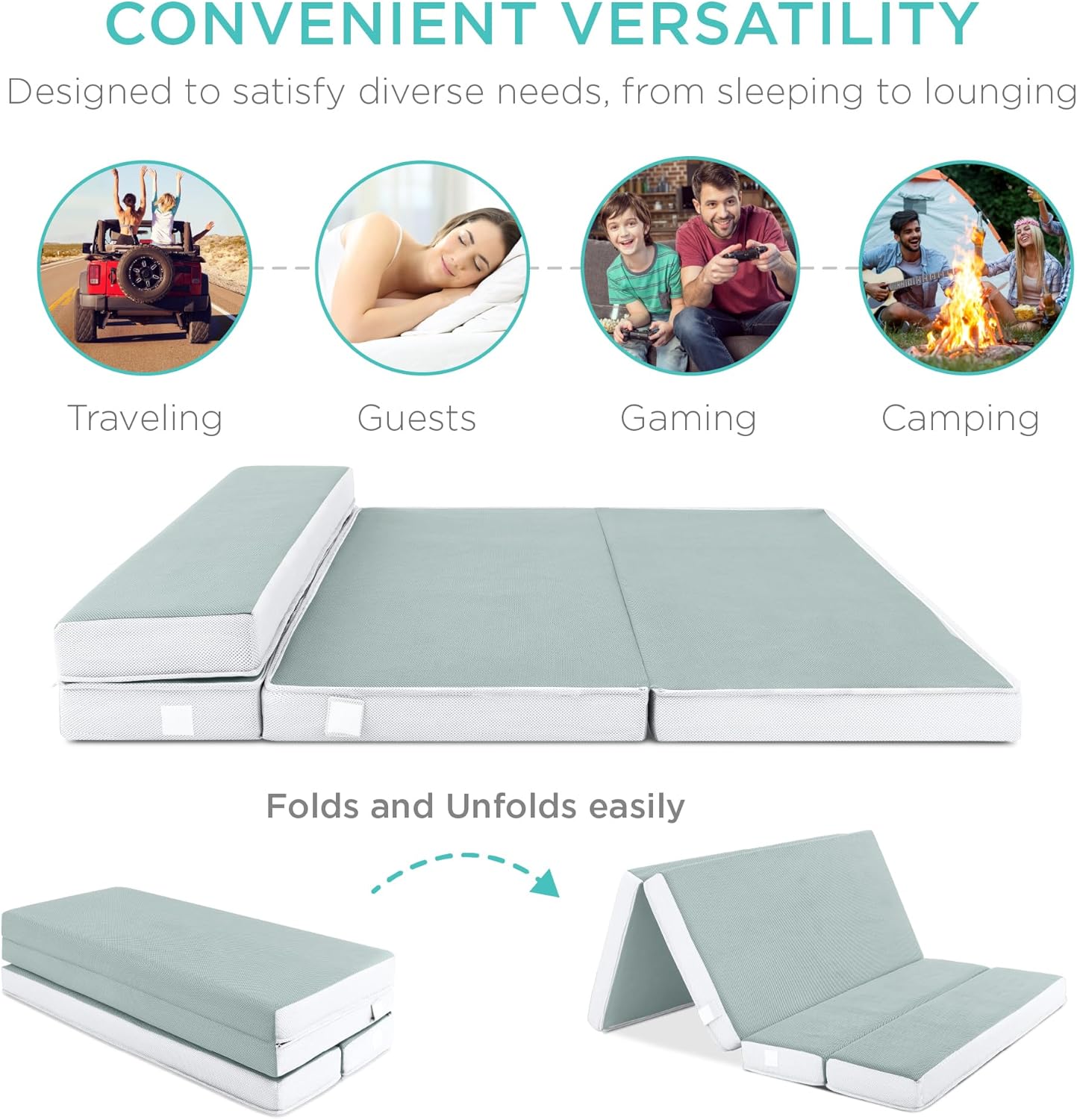 4in Portable Queen-Size Mattress, Tri-Fold Mattress for Camping, Guest, Toddler wourant