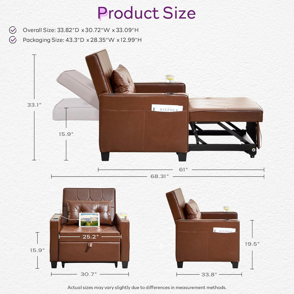 Adult Convertible Sleeper Chair Bed, 3-in-1 Pull-Out Sofa Bed with USB/Type-C Ports, Cup Holders, Side Pockets, Single Sofa wourant