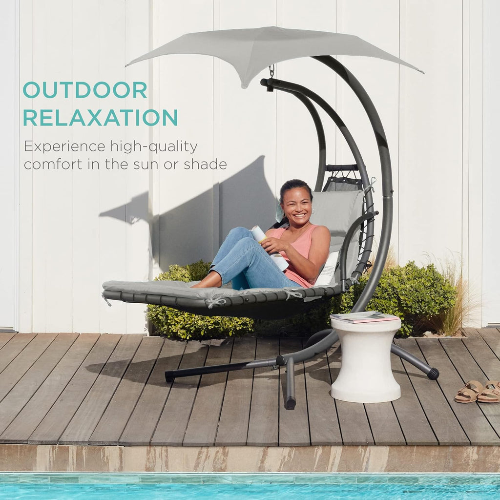 Best Choice Products Outdoor Hanging Curved Steel Chaise Lounge Chair Swing w/Built-in Pillow and Removable Canopy - Teal wourant