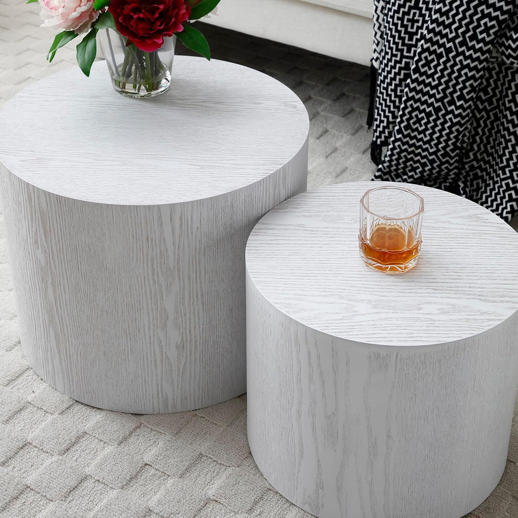 Nesting Coffee Table Set of 2, Modern Round Coffee Table with Non-Slip Feet, Walnut Wooden Circle Accent Tables for Small Spaces Living Room Bedroom Balcony Office Drum Side Table (Walnut) wourant