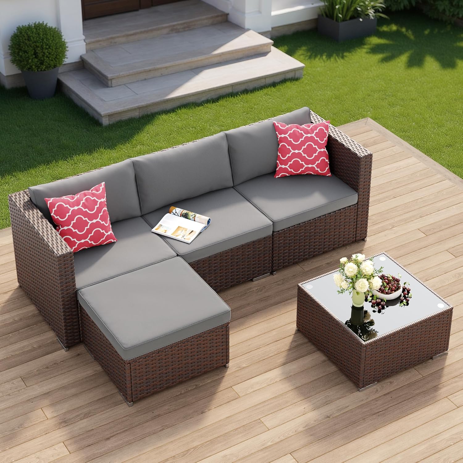 Aiho 5 Pieces Patio Furniture Set All-Weather Outdoor Wicker Sectional Patio Furniture with Cushion and Glass Table (Grey) woonhhop
