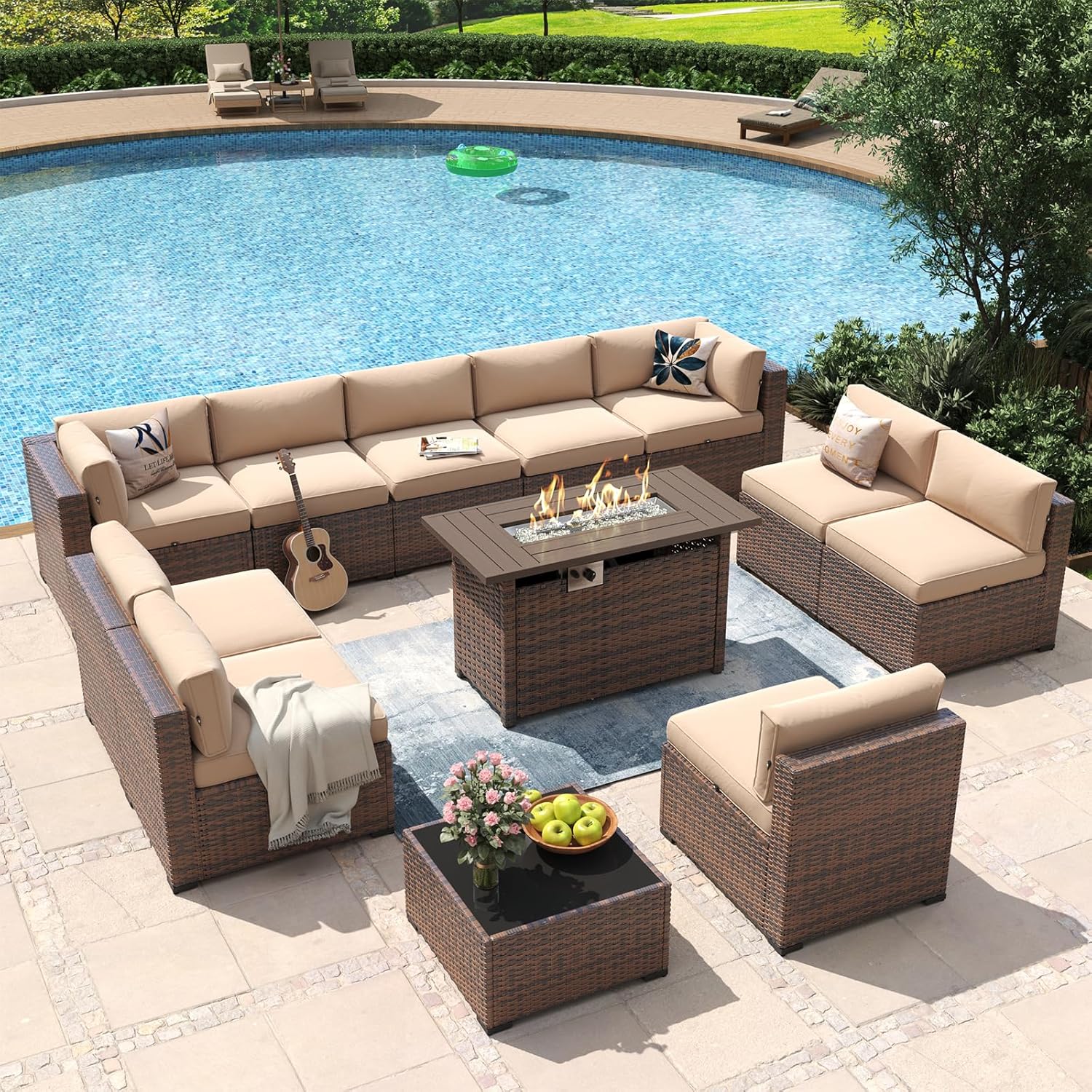 Aoxun 8 Piece Patio Furniture Set with 44?Fire Pit Table Wicker Rattan Outdoor Sectional Sofa Set with Coffee Table and Thickened Cushions, Beige (Waterproof Cover Included) woonhhop