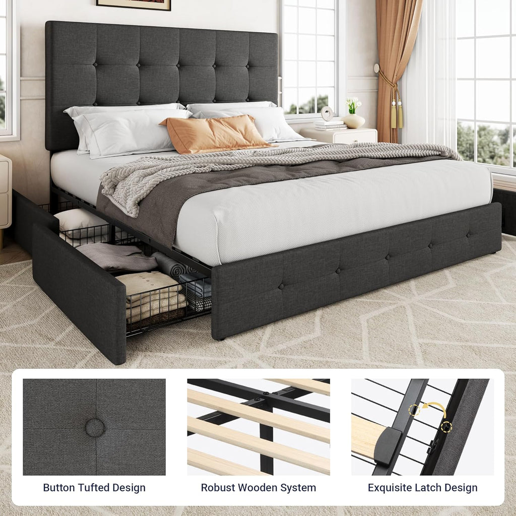 Allewie Upholstered Queen Size Platform Bed Frame with 4 Storage Drawers and Headboard wourant