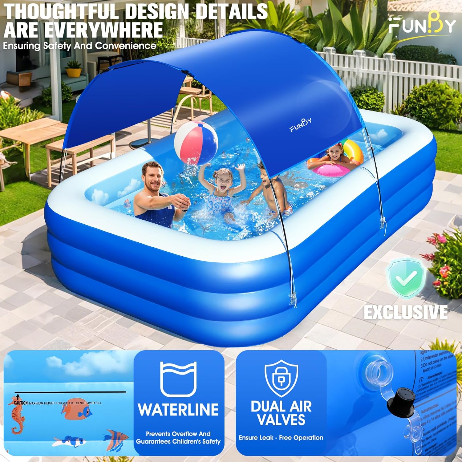 Inflatable Pool with Canopy,Upgraded Inflatable Swimming Pool for Kids,Adult,Large Inflatable Blow up Pools,Ocean Theme Oversized Thickened 105"x75"x25"Inflatable Family Pools for Backyard-Blue wourant