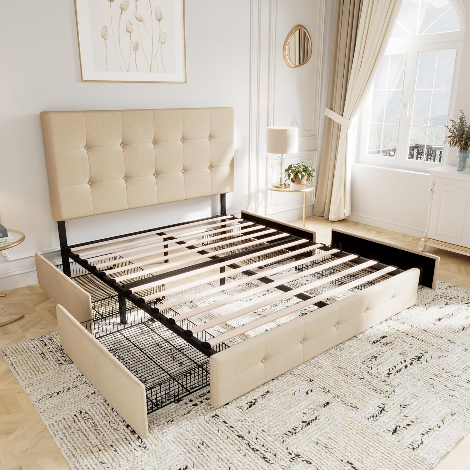 Allewie Upholstered Queen Size Platform Bed Frame with 4 Storage Drawers and Headboard wourant