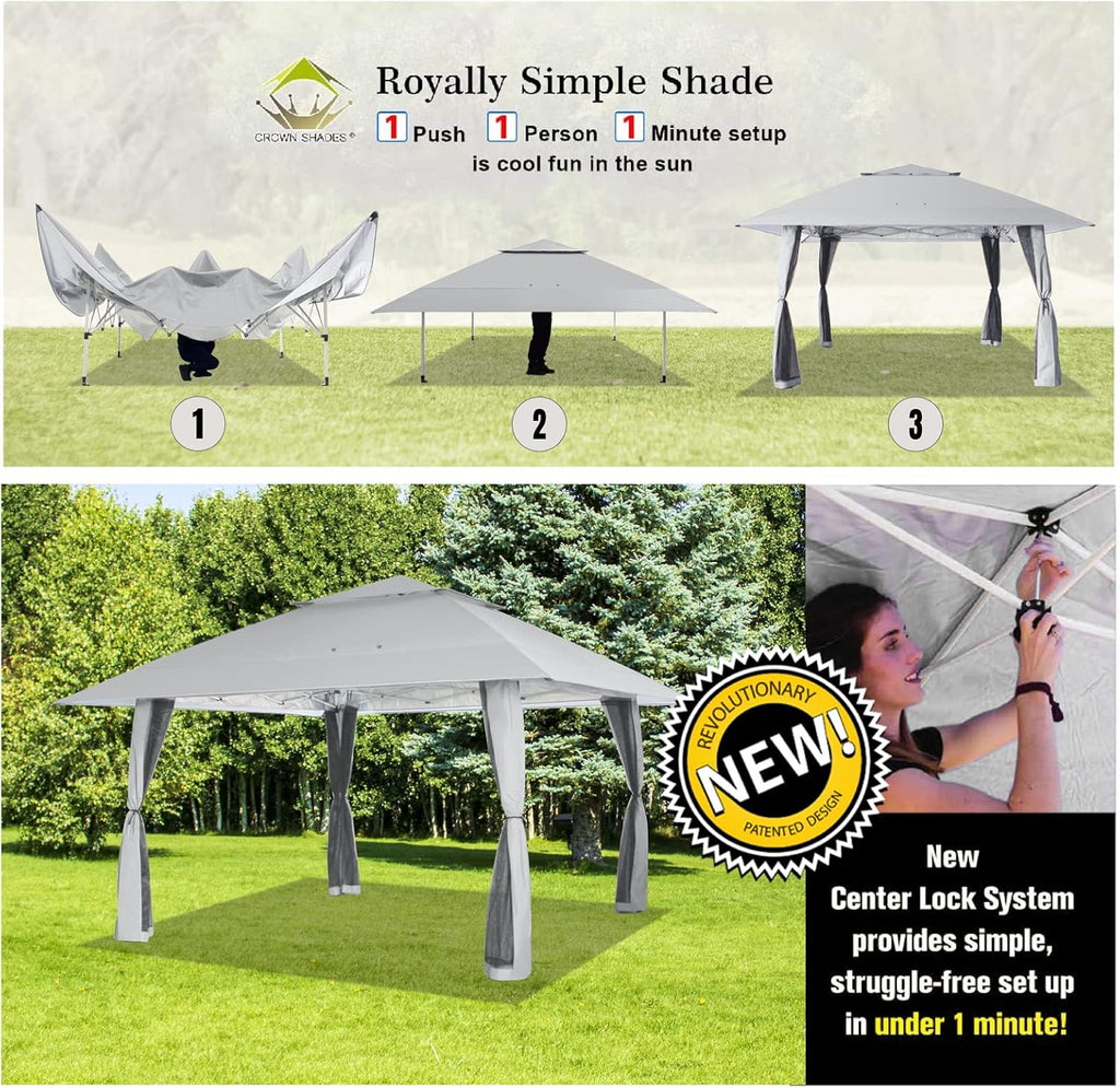 CROWN SHADES 13x13 Pop Up Gazebo, Canopy Tent, Gazebos on Clearance - Outdoor Gazebo for Backyard & Patio Furniture - Carpa Pop Up Tent with Wheeled STO-N-Go Cover Bag (White) wourant
