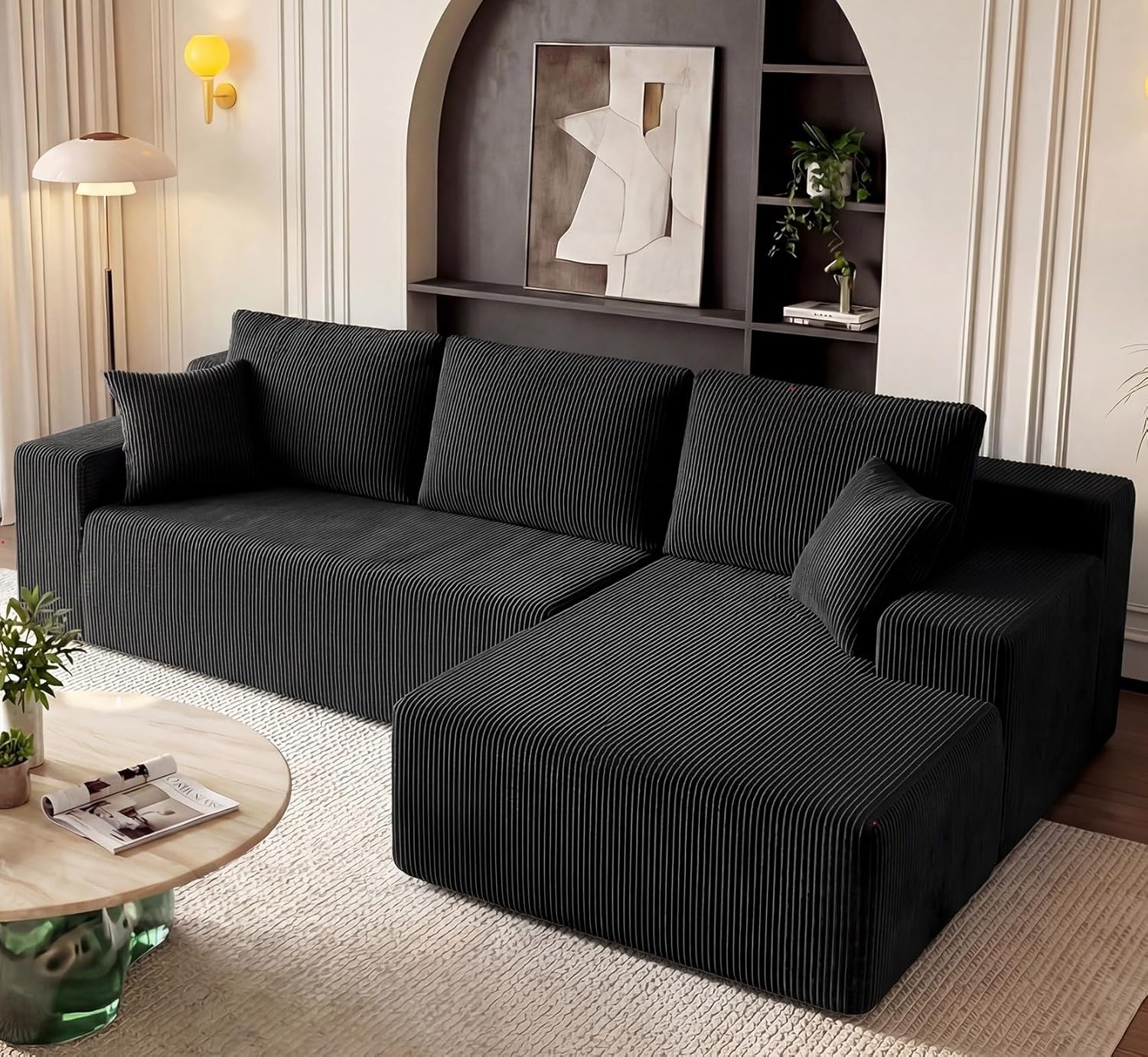 Cloud Sectional Boneless Couches for Living Room, Modular L Shaped Couch with Deep Seat Oversized Right Facing Chaise, Memory Foam Compressed Spineless 3 Seater Sofa for Apartment, Black | No Assembly Required, Deep Seat, Cat-Claw Resistant, High-Resilien wourant