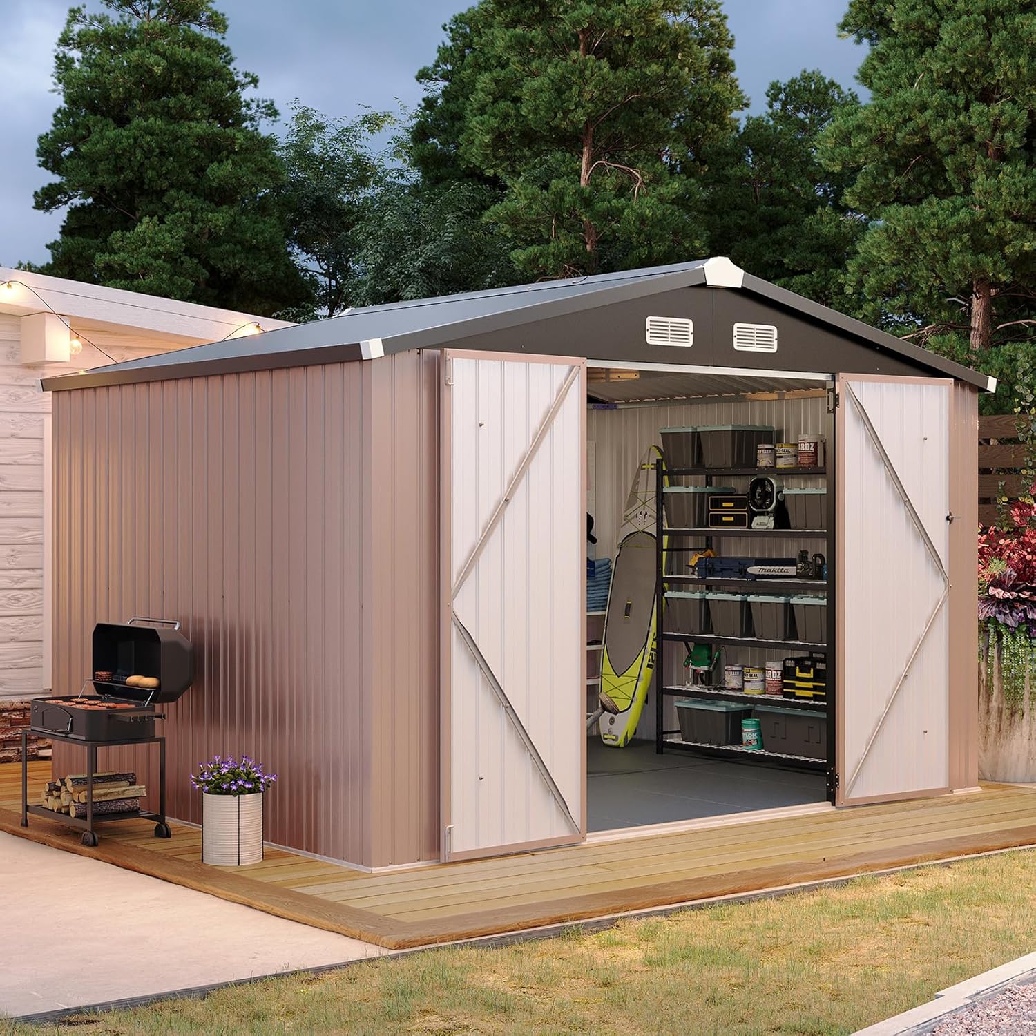 Aoxun 7.4x5.3FT Shed with Floor Galvanized Steel Outdoor Storage Shed Metal Garden Shed wourant
