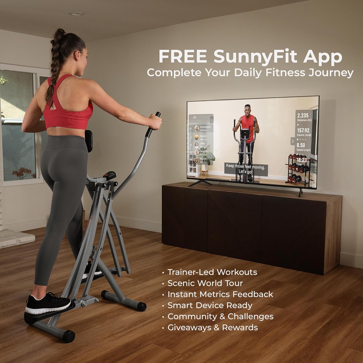 Sunny Health & Fitness Smart Air Walker Elliptical, Low-Impact 30-Inch Stride Home Glider Machine, Senior Cross Trainer for Indoor Cardio Exercise, Free SunnyFit App Bluetooth Connection- SF-E902SMART wourant