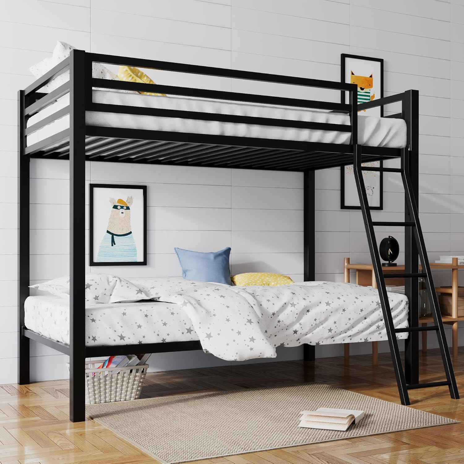 SHA CERLIN Loft Bunk Bed Twin Over Twin Size with Ladder and Guardrail Metal Slats Support wourant