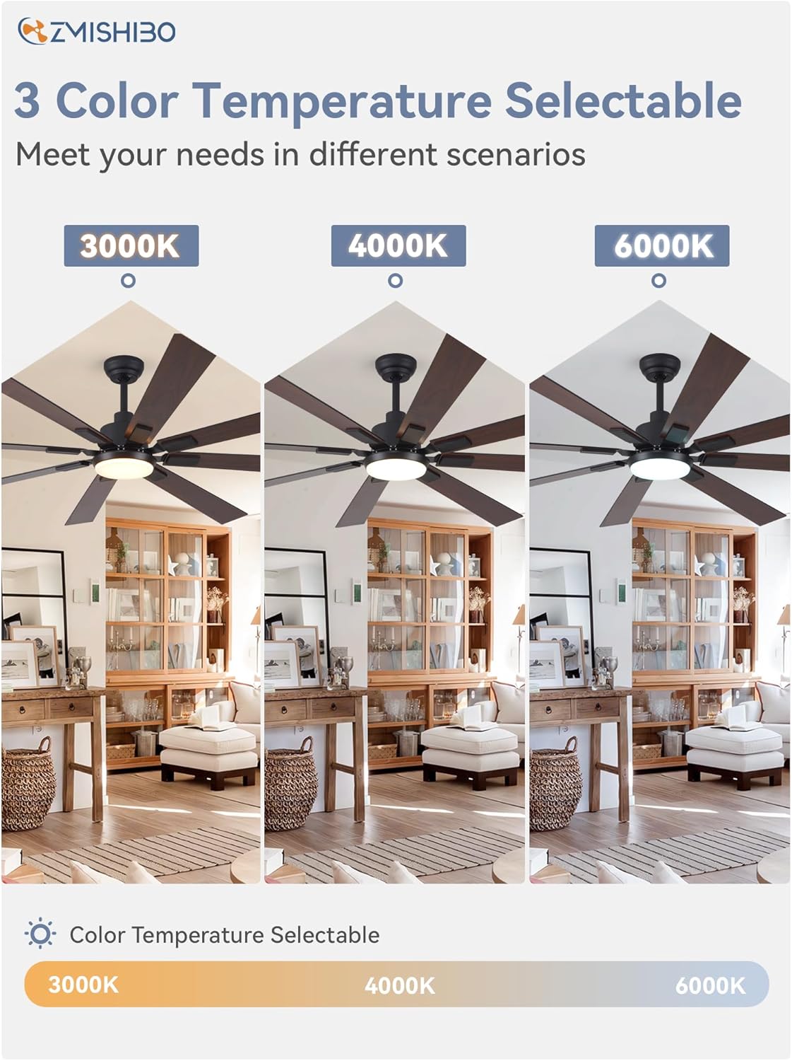 ZMISHIBO 72 inch Large Ceiling Fans with Lights and Remote, Indoor/Outdoor Black Modern Ceiling Fan for Kitchen Living Room Patio, 6 Speed Reversible Quiet DC Motor, 3 CCT, Dual Finish 8 Blades wourant
