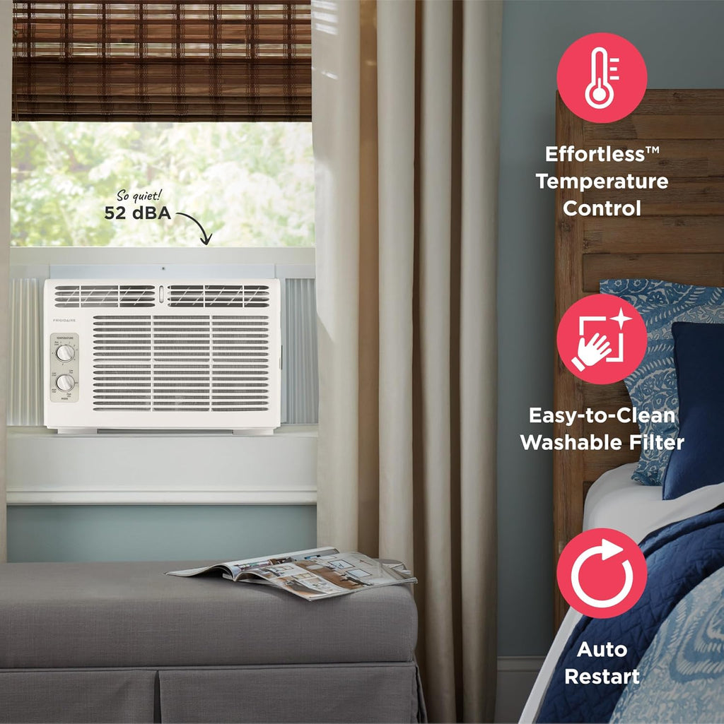 Frigidaire 5,000 BTU Window Air Conditioner with Remote Control, Cools Up to 150 Sq. Ft., Quiet Operation, Eco Mode, 3 Fan Speeds, Auto Restart, White wourant