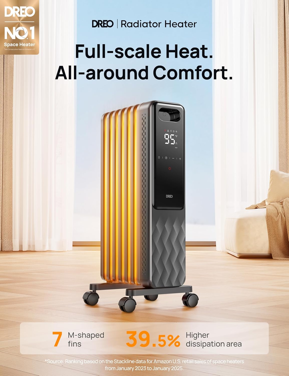 Dreo Oil Filled Radiator, Electric Radiant Heaters for indoor use Large Room with Remote Control, Child Lock, 4 Modes, Overheat & Tip-Over Protection, 24h Timer, Digital Thermostat, Quiet, 1500W wourant