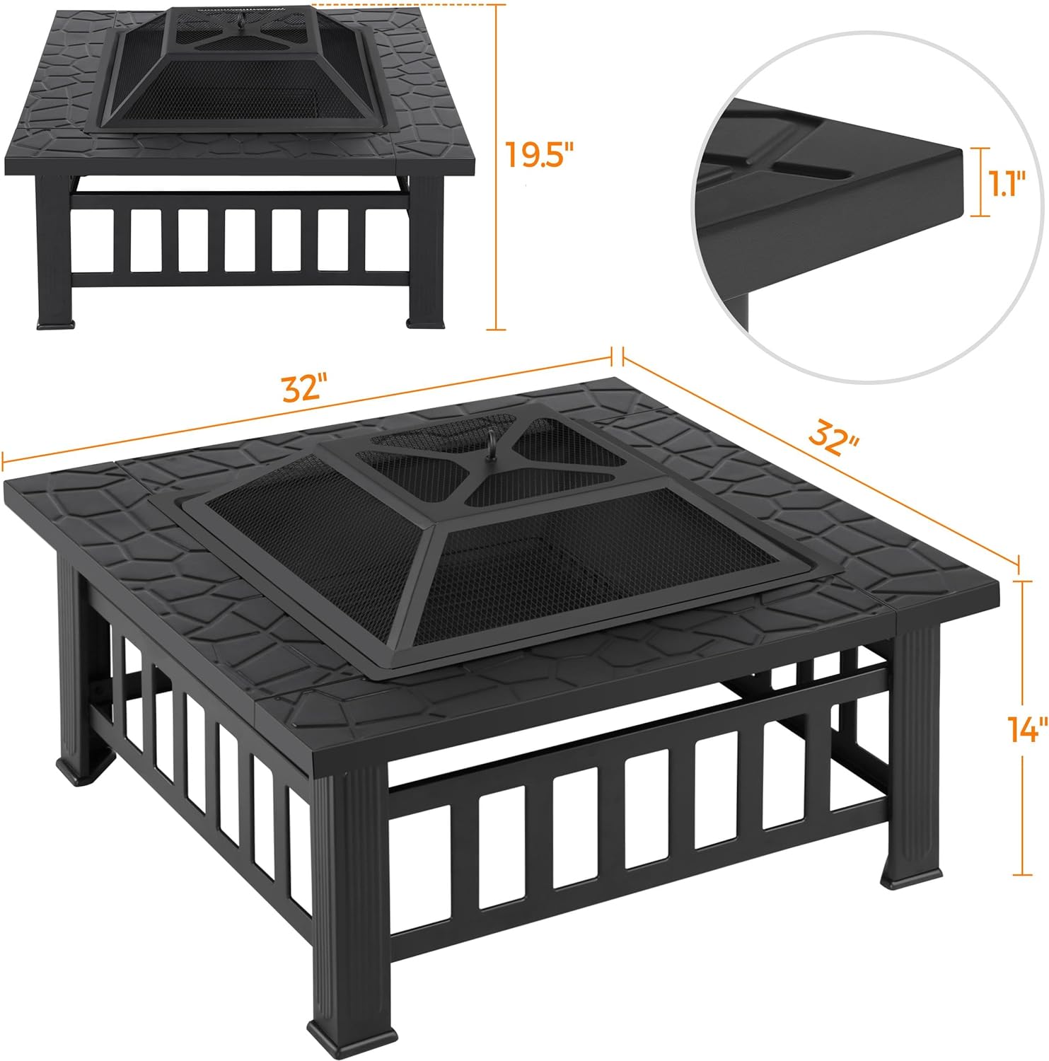 Yaheetech Multifunctional Fire Pit Table 32in Square Metal Firepit Stove Backyard Patio Garden Fireplace for Camping, Outdoor Heating, Bonfire and Picnic wourant