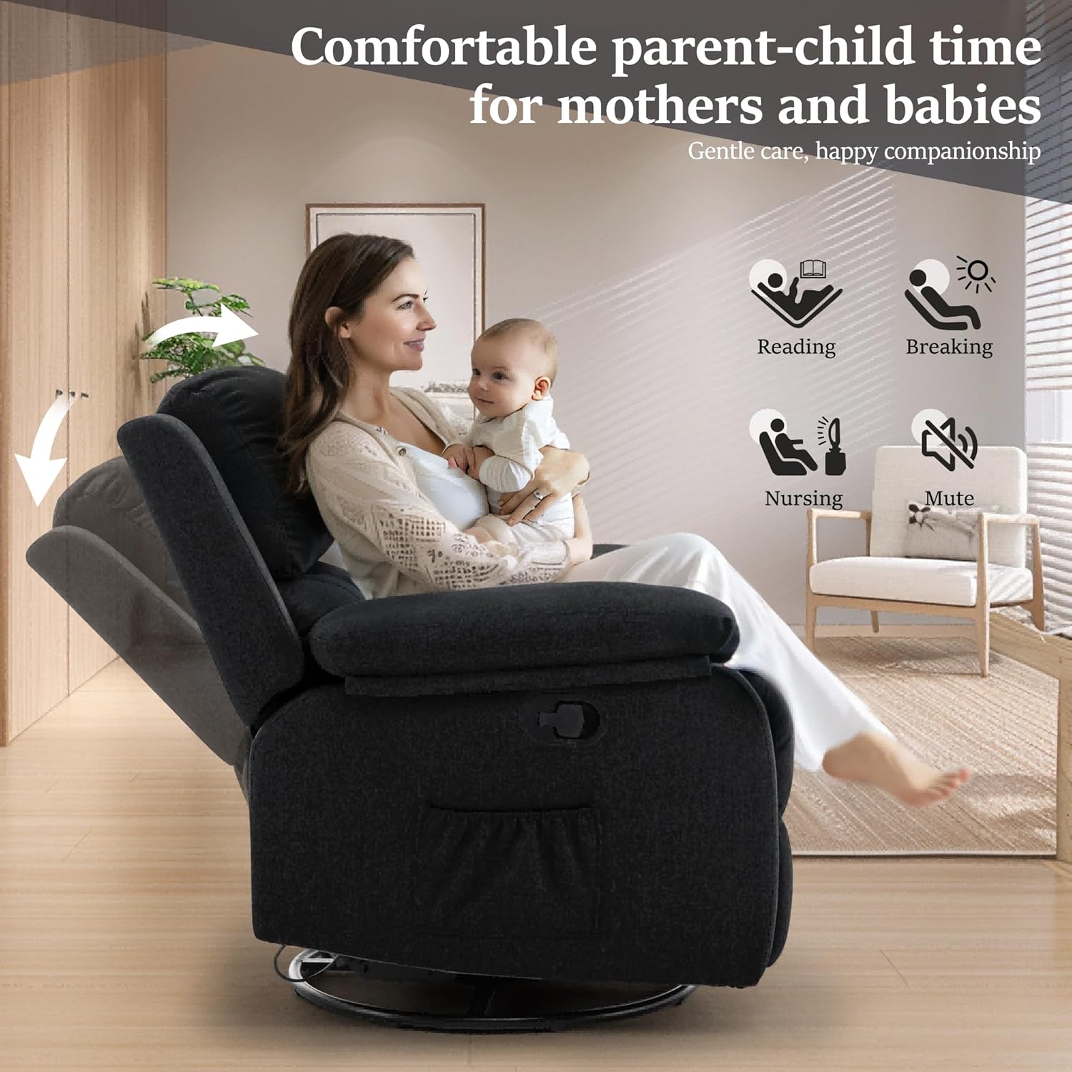 Reclining rocking chair 360 degree rotating fabric sliding reclining chair wourant