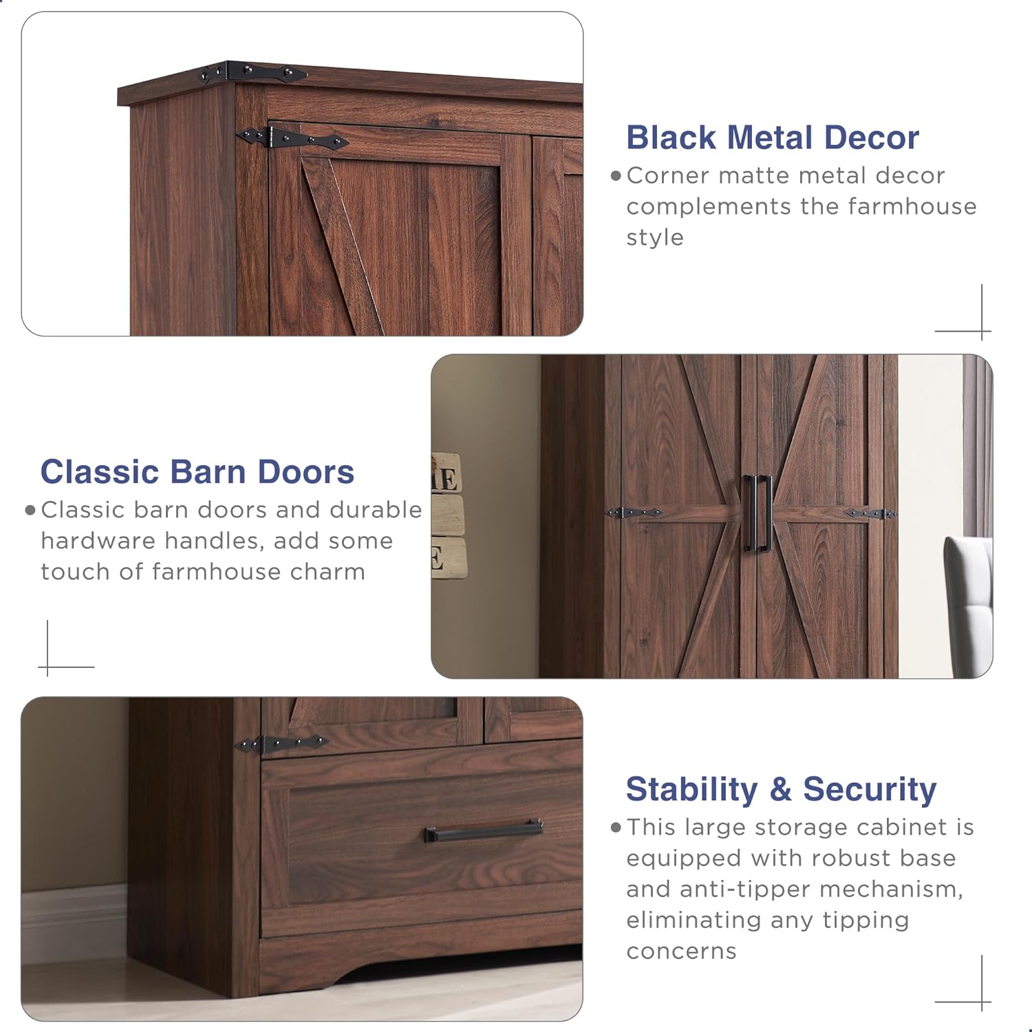 JXQTLINGMU Farmhouse Kitchen Pantry - 72" Tall Wood Kitchen Storage Cabinet with Adjustable Shelves and 2 Barn-Style Doors and Drawers wourant