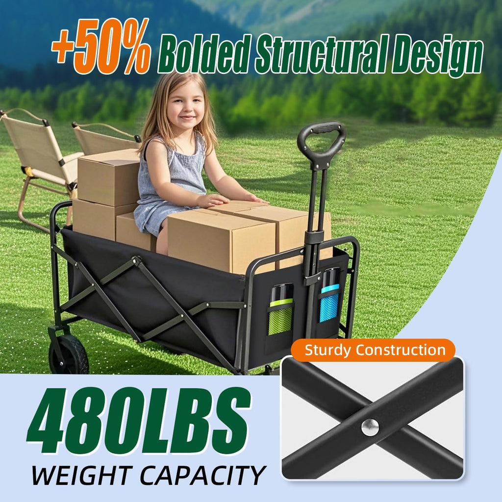 Foldable 4-wheel cart, foldable, 37 inches long, 480 lb capacity, heavy-duty beach cart, shopping cart with wheels wourant