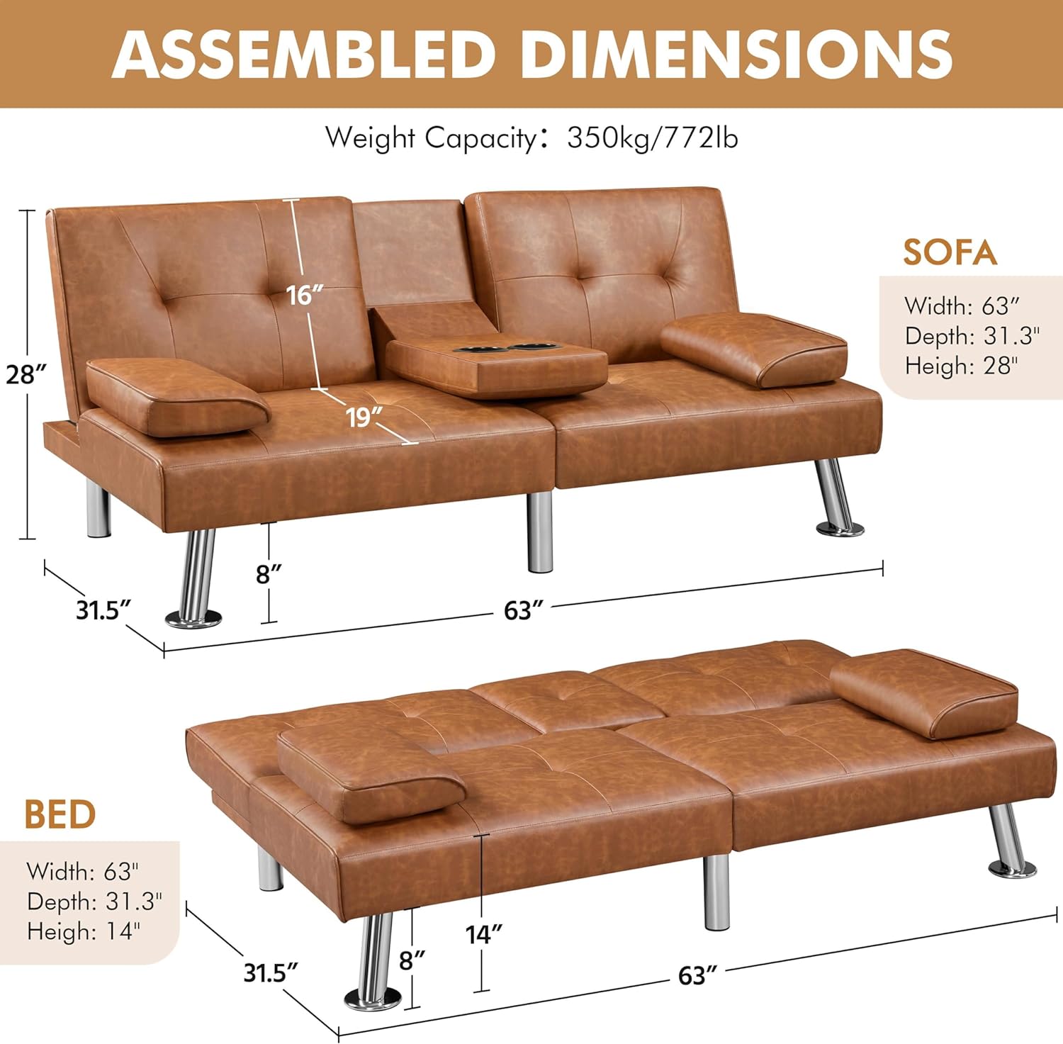 Yaheetech Convertible Sofa Bed Adjustable Couch Sleeper Modern Faux Leather Home Recliner Reversible Loveseat Folding Daybed Guest Bed, Removable Armrests, Cup Holders, 3 Angles, 772lb Capacity, Brown wourant