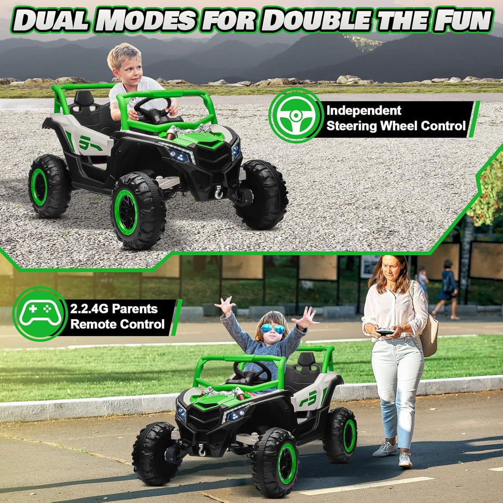 JOYRACER Kids Remote Control Car with 4 x 150W Motors, Shock Absorbers, Bluetooth, MP3 Player, and Headlights wourant