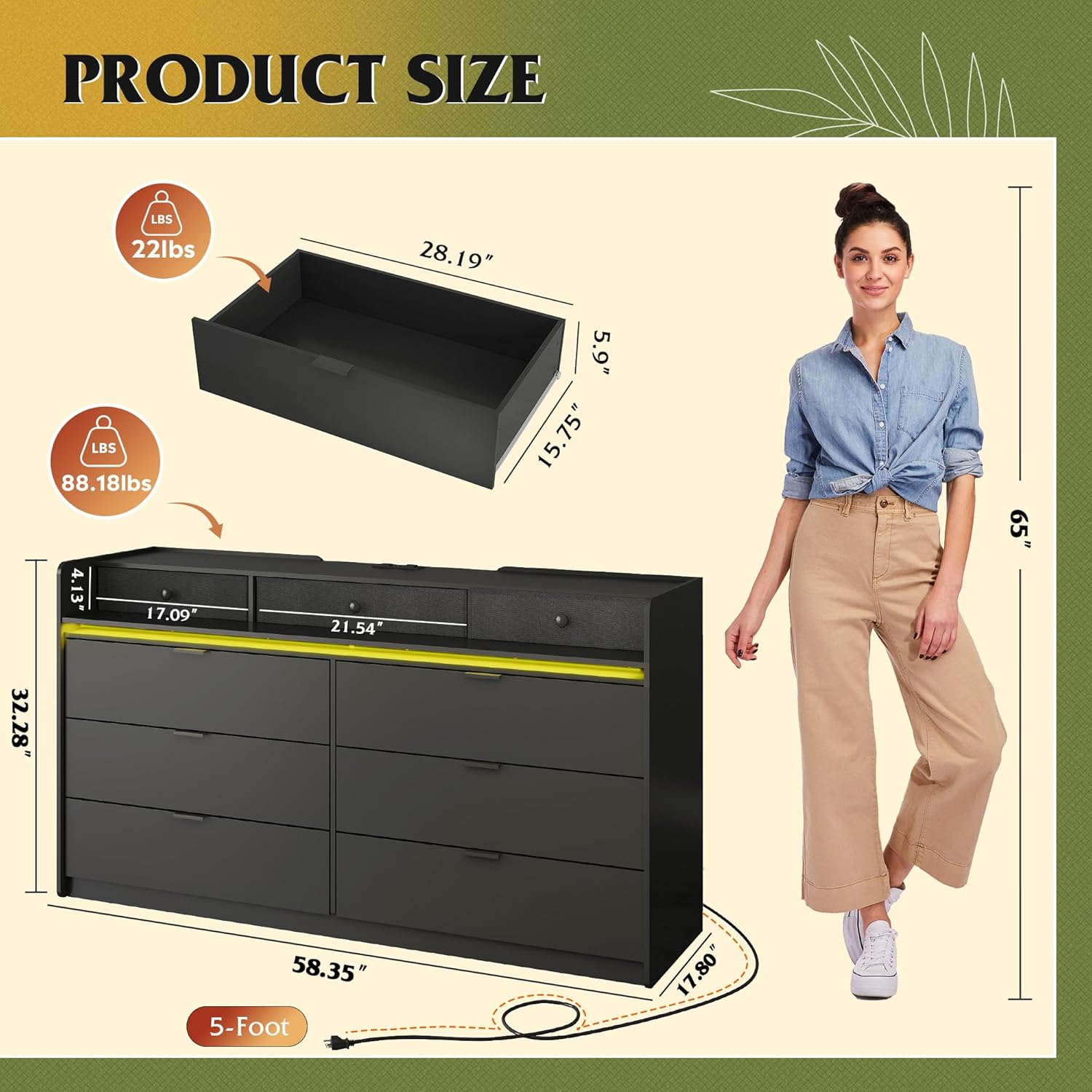 9 Drawer Led Dresser for Bedroom, 58.35'' Wide Wood Dresser Storage Organizer with Power Outlets for 65'' TV, Dressers with Open Shelves wourant