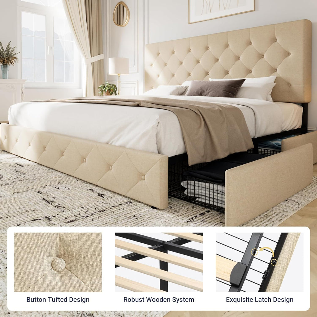Allewie Upholstered Queen Size Platform Bed Frame with 4 Storage Drawers and Headboard wourant