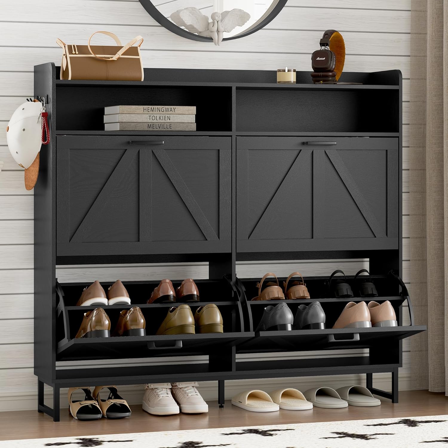 Shoe Cabinet with 2 Flip Drawers Narrow Shoe Storage Cabinet Organizer Wooden Freestanding Rack wourant