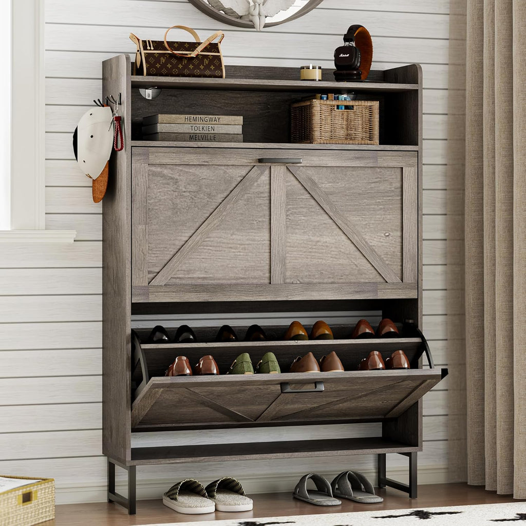 Shoe Cabinet with 2 Flip Drawers Narrow Shoe Storage Cabinet Organizer Wooden Freestanding Rack wourant