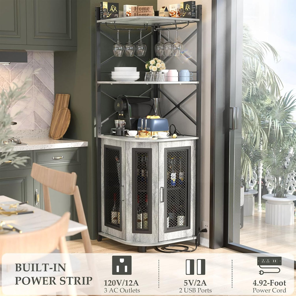 Aheaplus Corner Bar Cabinet with Power Outlet, Industrial Wine Cabinet with LED Strip and Glass Holder, 5-Tiers Liquor Cabinet Bar Unit for Home, Corner Display Cabinet for Small Space, White Oak wourant