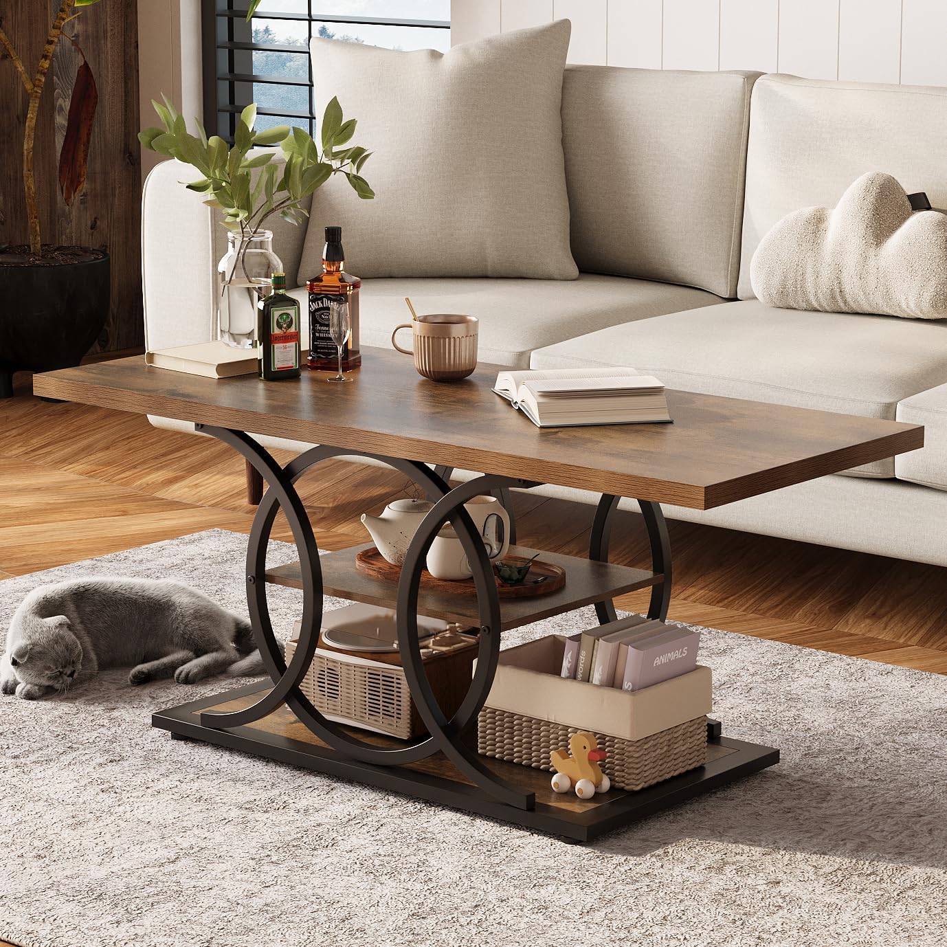 GiftGo Rustic Style Coffee Table Storage Industrial Style Three Tier Centerpiece Living Room Table wourant