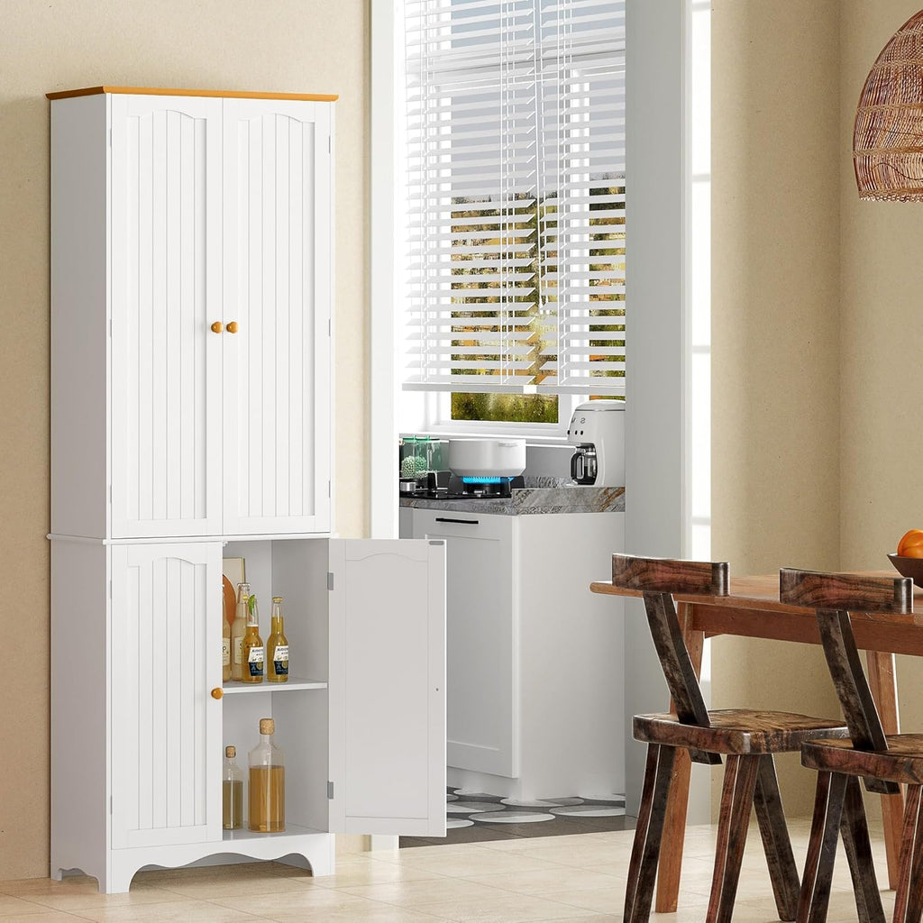 Tall Pantry Cabinet, Freestanding Storage Cabinet, Wooden Kitchen Pantry with 4 Doors and 5 Shelves, 72" Floor Cabinet Organizer wourant